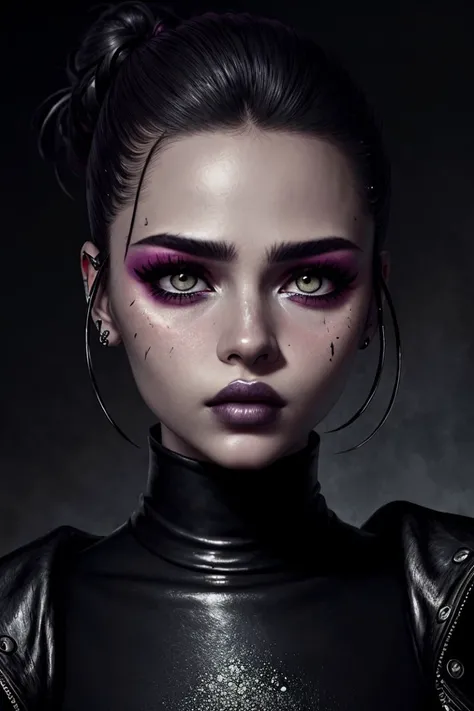 (dystopian depiction, dark, bleak, futuristic, detailed:1.15), <lora:sd15_locon_JessyHartel_32_v2-000010:.9> JessyHartel wearing makeup plum lipstick wing eyeliner, focus on eyes, close up on face, liberty color hair styled as Straight Sleek Bun, desaturated grunge filter