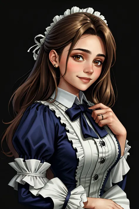 half-body of realistic photo of <lora:sd15_locon_JessyHartel_32_v2.0:.9> JessyHartel, focus on smiling face, wearing victorian clothing , her hair is styled as flowy layers hair,