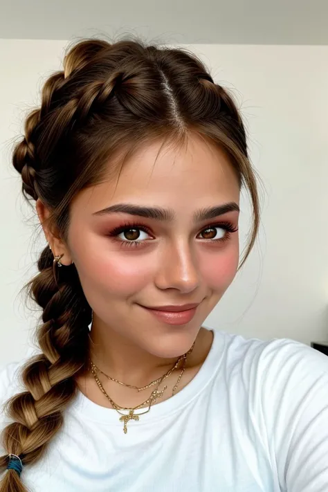 photo of <lora:sd15_locon_JessyHartel_32_v2-000010:.9> JessyHartel, focus on eyes, close up on face, smiling, wearing jewelry, hair styled as double dutch braid, soft focus