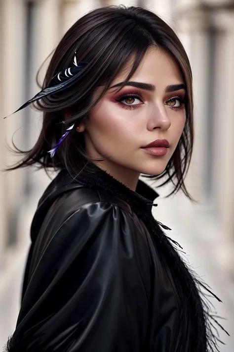 close range photo of <lora:sd15_locon_JessyHartel_32_v2-000010:.9> JessyHartel wearing makeup plum lipstick wing eyeliner open mouth, focus on face, side view wearing a feather jacket , her hair is styled as Straight Curtain Bangs,