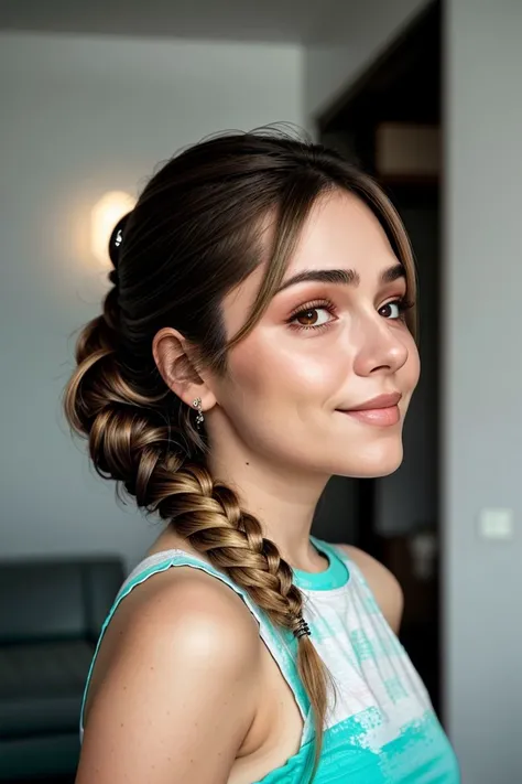 (low angle, headshot:1.2) photo of <lora:sd15_locon_JessyHartel_32_v2-000010:.9> JessyHartel, smiling, side view, she is wearing chanchanko, her hair is styled as fishtail braid half-up half-down, BREAK she is (in the granny flat:1.1), direct flash photography, shot on Fujifilm X-T4 ,Voigtlnder Nokton 50mm f1.1 ,Fujicolor Pro ,vignette,