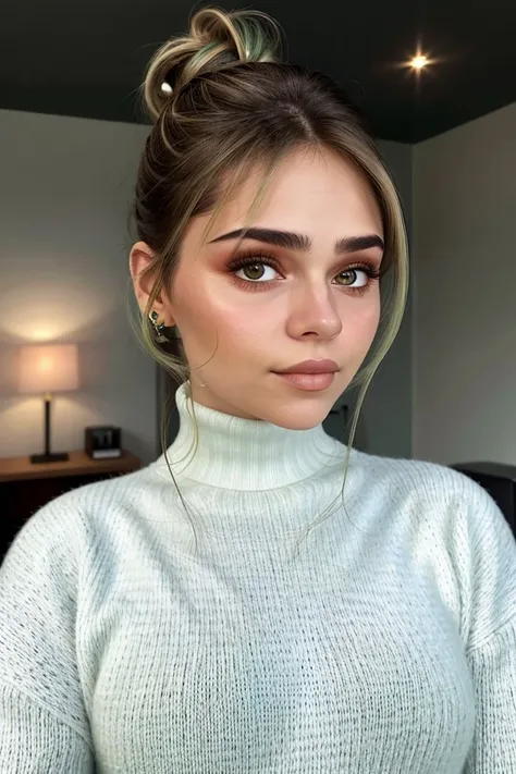 upper-body photo of <lora:sd15_locon_JessyHartel_32_v2-000010:.9> JessyHartel, focus on face, wearing a turtleneck , her light khaki green hair is styled as Straight Low Bun,