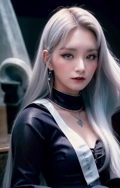 yiren,beautiul face, close-up portrait of a female vampire with striking features and a captivating gaze, seductive and dangerous, with an air of mystery,(gothic fashion style:1.2),(white hair:1.2), dark and moody atmosphere, wearing vampire clothes using velvet, silk, and leather material,accessories highly detailed, with ornate jewelry and delicate lace gloves, including elements such as a pendant or brooch, (haunted forest:1.2) ,masterpiece,high quality, 4K, beautiful design, shiny, from above, top angle,(close-up:1.4),(redshift style:1.1), (analog style:1.1), realistic, photo shoot, professional, high contrast, (white hair:1.2), woman, 1girl, solo, expressive look, HDR, highest quality, sharp focus, looking at viewer, intense gaze that conveys both power and vulnerability, facing viewer, 8k, epic detail, (8K, best quality:1.2), (masterpiece:1.37), (photo, photorealistic:1.37), (ultrahigh-res), photographed by Canon EOS R6, 135mm, 1/1250s, f/2.8, ISO 400 ,cinematic,<lora:epiNoiseoffset_v2:1> <lora:theovercomer8sContrastFix_sd15:0.5> <lora:wangyiren:1>