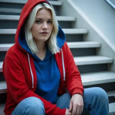 cinematic film still of <lora:Cinematic Film Stock Footage Style:1>
a blondeblue hair woman in a "red hoodie" stairs at the camera, Cinematic Film Stock Footage Style, shallow depth of field, vignette, highly detailed, high budget, bokeh, cinemascope, moody, epic, gorgeous, film grain, grainy
