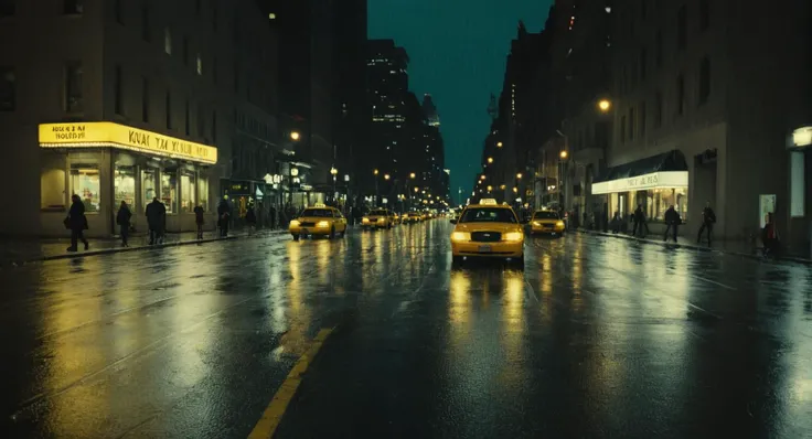 cinematic film still of  <lora:Film Stock Footage Style:0.5>
<lora:Cinematic Film Stock Footage Style:0.5> Cinematic 
Wide view of a taxi cab driving down a city street at rainy night with people walking around Kodak Vision3 500T Film Stock Footage Style, shallow depth of field, vignette, highly detailed, high budget, bokeh, cinemascope, moody, epic, gorgeous, film grain, grainy