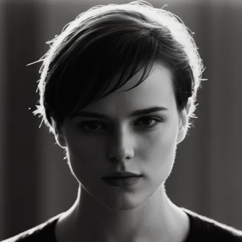 cinematic film still of  <lora:Film Stock Footage Style:0.5>
<lora:Cinematic Film Stock Footage Style:0.5> Cinematic 
In black and white Cinematic Closeup of a young woman partially covered by shadows with a black shirt and a short brown hair staring at camera with perfect lips and shadow side face light on Kodak Vision3 500T Film Stock Footage Style, shallow depth of field, vignette, highly detailed, high budget, bokeh, cinemascope, moody, epic, gorgeous, film grain, grainy