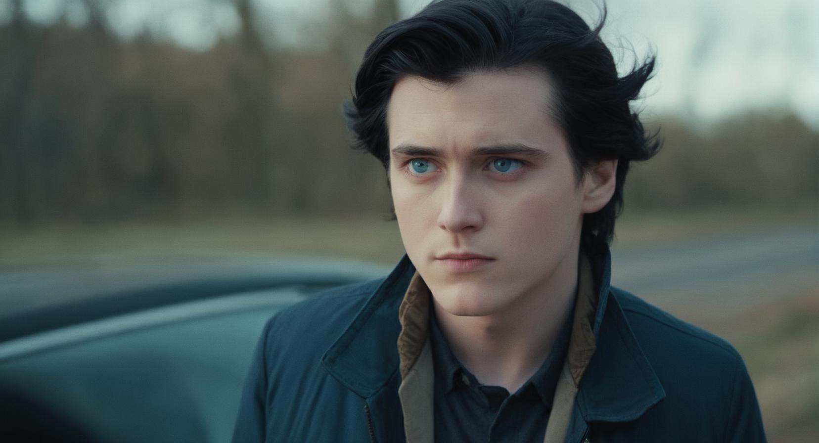 A man with long hair and blue eyes standing next to a car - SeaArt AI
