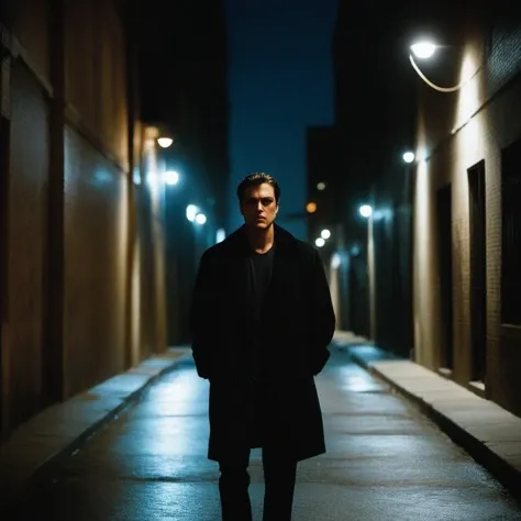cinematic film still of  <lora:Cinematic Film Stock Footage Style:1> Kodak Film Still
a man covered in shadows staring at viewers in a dark alley at night, Cinematic Film Stock Footage Style, shallow depth of field, vignette, highly detailed, high budget, bokeh, cinemascope, moody, epic, gorgeous, film grain, grainy