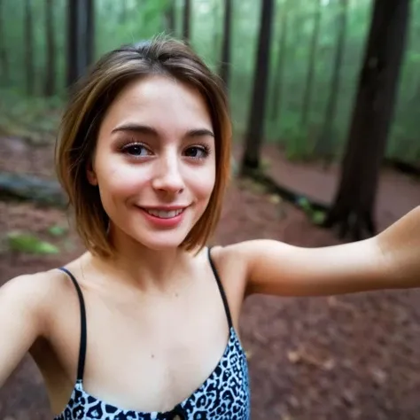 1 woman((Upper Body Selfie, happy)), masterpiece, Best Quality, ultra detailed, Alone, outdoor, (evening), mountains, nature, (stars, officer) happy, happy, nude, brown hair, Long hair, black eyes, happy, sexy, Whole body