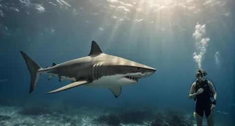 cinematic film still of  <lora:Cinematic Film Stock Footage Style:1.1> 
a diver underwater surprised with a big shark with big teeth staring at him underwater
, Cinematic Film Stock Footage Style, shallow depth of field, vignette, highly detailed, high budget, bokeh, cinemascope, moody, epic, gorgeous, film grain, grainy