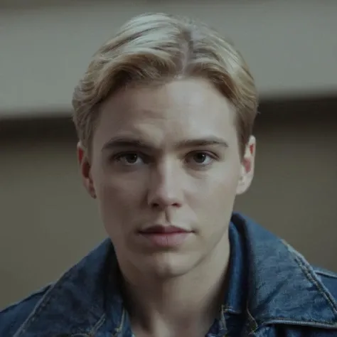 cinematic film still of  <lora:Cinematic Film Stock Footage Style:1>
dramatic light, solo, looking at viewer, blonde hair, shirt, 1boy, closed mouth, jacket, upper body, male focus, pocket, realistic, breast pocket, denim jacket , Cinematic Film Stock Footage Style, shallow depth of field, vignette, highly detailed, high budget, bokeh, cinemascope, moody, epic, gorgeous, film grain, grainy