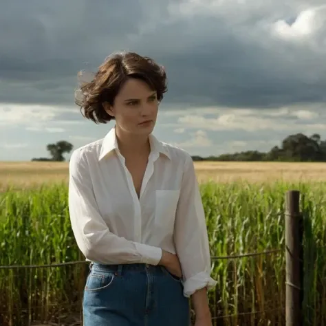 cinematic film still of  <lora:Cinematic Film Stock Footage Style:1> Film Grain:1.5, Cinematic, Kodak, 
1girl, solo, short hair, skirt, brown hair, shirt, black hair, long sleeves, white shirt, outdoors, sky, shorts, cloud, dark skin, water, bag, dark-skinned female, tree, profile, cloudy sky, grass, scenery, fence , Cinematic Film Stock Footage Style, shallow depth of field, vignette, highly detailed, high budget, bokeh, cinemascope, moody, epic, gorgeous, film grain, grainy
