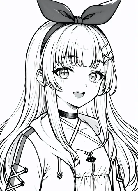 <lora:animeoutlineV4_16:1><lora:nanahiV8:0.8>nanahi, highly detailed eyes. sharp focus, absurdres, best quality, 1girl, long hair, jacket, hair ornament, smile, dress, x hair ornament, open mouth, open jacket, hair ribbon, :d, bangs, blunt bangs, hairclip, puffy long sleeves, choker, bow hairband, small breasts, flat chest, bow, halterneck, collarbone, criss-cross halter, monochrome, lineart, portrait