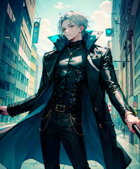<lora:Fuwari_Style:1>, ultra detailed, masterpiece, best quality, aesthetic, detailed,, solo, 1boy, teal eyes, <lora:Tsurime3:1>, (tsurime:1.2), parted bangs, white hair, medium hair, straight hair, shoulder-length hair, male focus,, coat, shirt, pants, studded belt, multiple belts, combat boots, torn clothes, necklace, black coat, black and green theme,