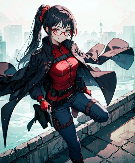 <lora:Fuwari_Style:1>, ultra detailed, masterpiece, best quality, aesthetic, detailed,, solo, smug smile, 1girl, purple eyes, red-framed eyewear, (black hair, red colored tips:1.2), red streaked hair, very long hair, side ponytail, tied hair, medium breasts,, <lora:StS-Coat-and-Jacket-On-Shoulders-Iteration2:0.7> dataset, jacket on shoulders, coat on shoulders, red dress, sleeves rolled up, fingerless gloves, holster, belt, multiple belts, combat boots, bulletproof vest, pants, black coat, tactical clothes,