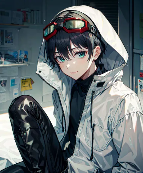 <lora:Fuwari_Style:1>, ultra detailed, masterpiece, best quality, aesthetic, detailed,, ultra detailed, masterpiece, best quality, solo, smile, 1boy, green eyes, short hair, black hair, bangs, hair between eyes, messy hair, (goggles on head:1.2),, headband, white coat, hooded coat, hood down, open coat, turtleneck, capri pants, pants, black knee boots,