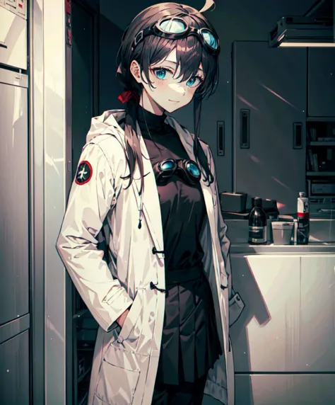 <lora:Fuwari_Style:1>, ultra detailed, masterpiece, best quality, aesthetic, detailed,, solo, soft smile, light smile, 1girl, aqua eyes, black hair, <lora:low_ponytail-1.0:0.95> low ponytail, ahoge, absurdly long hair, very long hair, hair flaps, hair between eyes, bangs, messy hair, small breasts, (goggles on head:1.2),, hooded coat, open coat, turtleneck, capri pants, black knee boots, multiple straps, white coat, layered clothes, hair ribbon, pants under skirt,