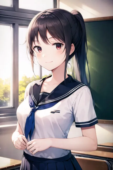 (high quality, high resolution:1.3), 4k, masterpiece,  detailed background, classroom, <lora:Fuwari_Style-19:1>,
BREAK
1girl, solo ,standing, breasts, black hair, school uniform, upper body, red eyes, smile, closed mouth, ponytail, <lora:NoiseOffset_v2:1.0>
