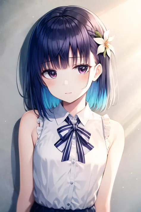 (high quality, high resolution:1.3), 4k, masterpiece,
BREAK
<lora:Fuwari_Style-19:1>, 1girl, upper body, medium hair, bare shoulders, school uniform, white shirt, skirt, hair flower, flower, white flower, red eyes, black hair, detailed face, breasts, small breasts, eyelashes, mole under eye, multicolored hair, purple hair, <lora:NoiseOffset_v2:1.0>