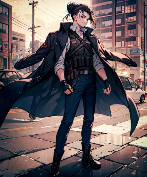 <lora:Fuwari_Style:1>, ultra detailed, masterpiece, best quality, aesthetic, detailed,, solo, smug smile, 1boy, red eyes, <lora:Tsurime3:0.7>, (tsurime:1.2), black hair, undercut, top knot, parted bangs, long bangs, bangs, short hair, hair intakes, tall,, <lora:StS-Coat-and-Jacket-On-Shoulders-Iteration2:0.7> dataset, jacket on shoulders, (coat on shoulders:1.3), black coat, dress shirt, sleeves rolled up, fingerless gloves, holster, pants, belt, multiple belts, combat boots, bulletproof vest, tactical clothes,