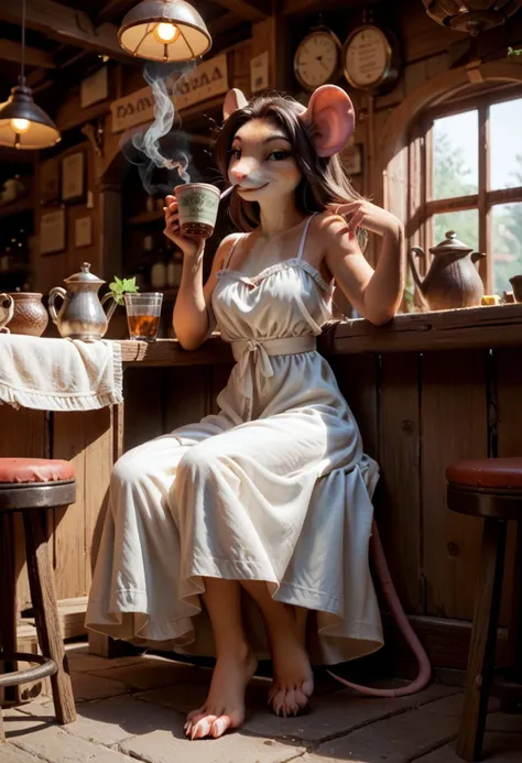 score_9, score_8_up, score_7_up, score_6_up, score_5_up, score_4_up, anthro mouse, woman, drinking tea, smoking, sun dress, barefoot, long toes, promiscuously dressed, coy smile, tavern, empty, looking at viewer, sitting