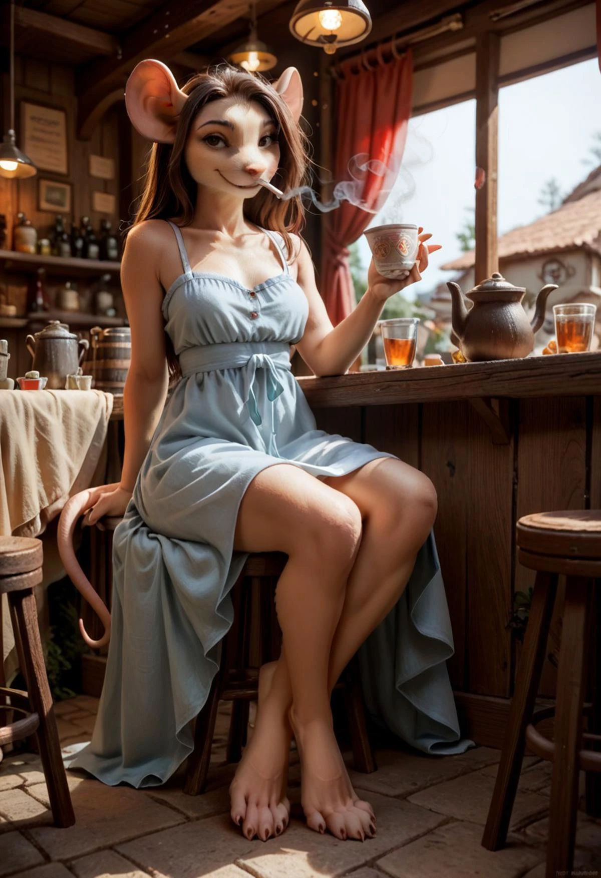 score_9, score_8_up, score_7_up, score_6_up, score_5_up, score_4_up, anthro mouse, woman, drinking tea, smoking, sun dress, barefoot, long toes, promiscuously dressed, coy smile, tavern, empty, looking at viewer, sitting