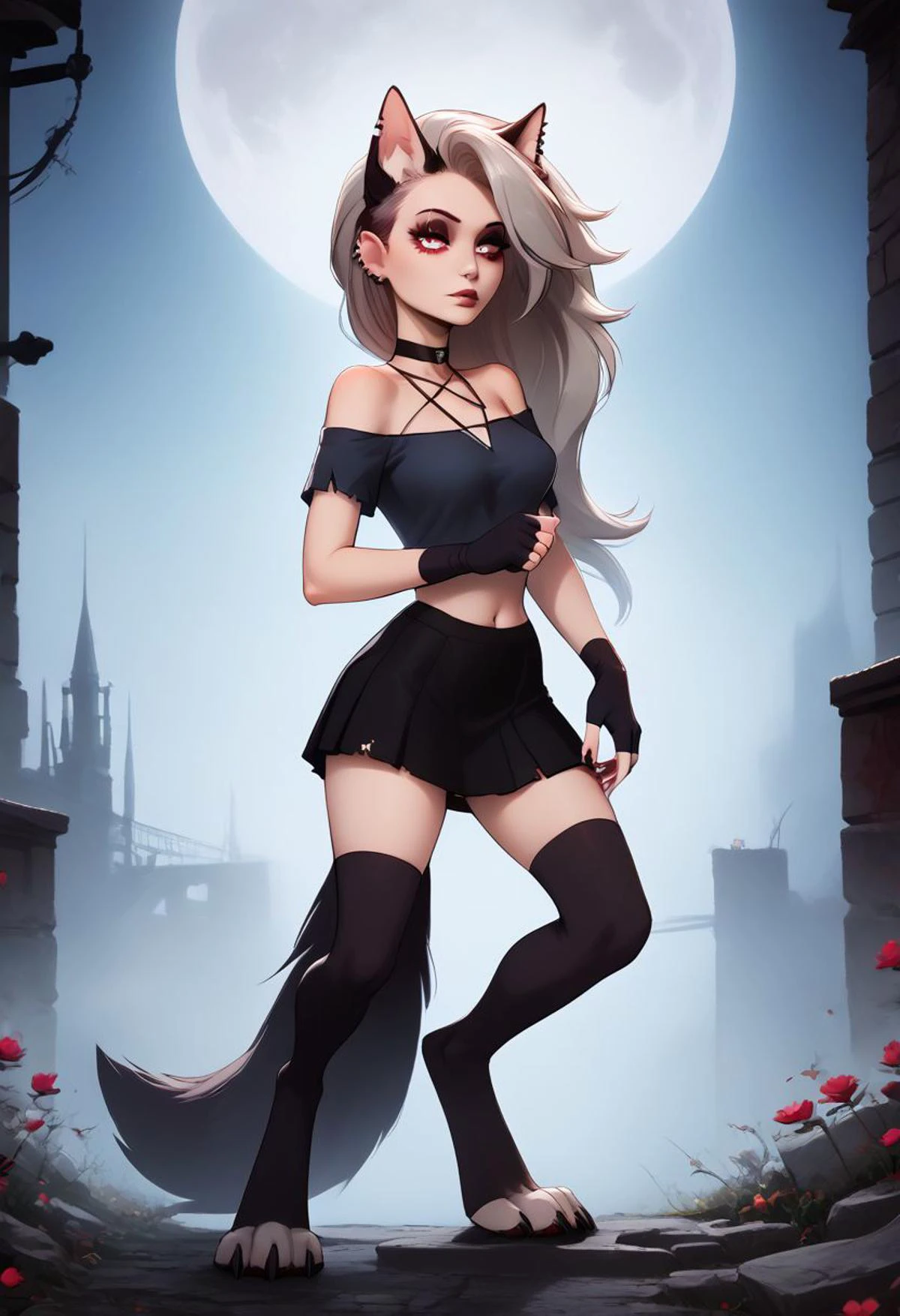 (score_9, score_8_up:1.1), score_7_up, rating_questionable, 18 years old, <lora:add-detail-xl:0.7>, w3r3c4t, <lora:xl_more_art-full_v1:0.1>, wallpaper, high quality, detailed, detail background, outstanding, solo, a beautiful girl, detailed fur, detail pussy, detail ano, focus foot, detail eyes, urban background, moon,
LoonaSDXL, 1girl, solo, long hair, looking at viewer, shirt, red eyes, thighhighs, gloves, navel, bare shoulders, jewelry, very long hair, grey hair, earrings, choker, black gloves, midriff, black thighhighs, fingerless gloves, black skirt, off shoulder, makeup, black choker, black shorts, piercing, ear piercing, eyeshadow, two-tone fur, fingering
human girl, digitigrade, wolf feets, pink pawpad, fur legs, digitigrade legs, wolf tail, floppy ears, wolf ears, black claws,