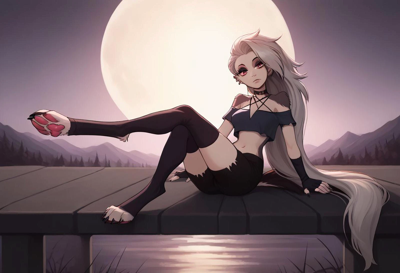 (score_9, score_8_up:1.1), score_7_up, rating_questionable, 18 years old, <lora:add-detail-xl:0.7>, w3r3c4t, <lora:xl_more_art-full_v1:0.1>, wallpaper, high quality, detailed, detail background, outstanding, solo, a beautiful girl, detailed fur, detail pussy, detail ano, focus foot, detail eyes, urban background, moon,
LoonaSDXL, 1girl, solo, long hair, looking at viewer, shirt, red eyes, thighhighs, gloves, navel, bare shoulders, jewelry, very long hair, grey hair, earrings, shorts, choker, black gloves, midriff, black thighhighs, fingerless gloves, black skirt, off shoulder, crop top, makeup, black choker, black shorts, piercing, ear piercing, eyeshadow, two-tone fur
human girl, digitigrade, wolf feets, pink pawpad, fur legs, digitigrade legs, wolf tail, floppy ears, black claws,