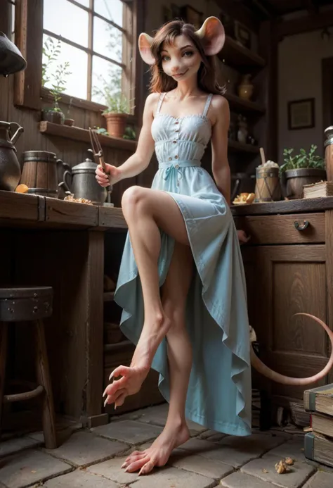 score_9, score_8_up, score_7_up, score_6_up, score_5_up, score_4_up, anthro mouse, woman, sundress, barefoot, (long toes), (mouse feet:1.3), (tiny waist:1.4), (slender legs), (long legs:1.8), mouse legs, giant hips, promiscuously dressed, coy smile, tavern, empty, looking at viewer, foot focus