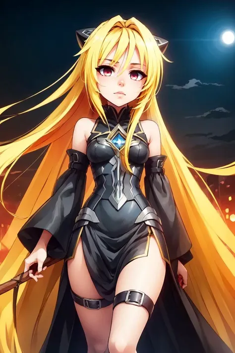 ((masterpiece, best quality)), anime style, <lora:more_details:0.5>, (finely detailed beautiful eyes: 1.2), phyami, yaminor, 1girl, solo, blonde hair, long hair,  red eyes, thigh strap, very long hair, detached sleeves, black dress,  <lora:yami-v1:1.0>,