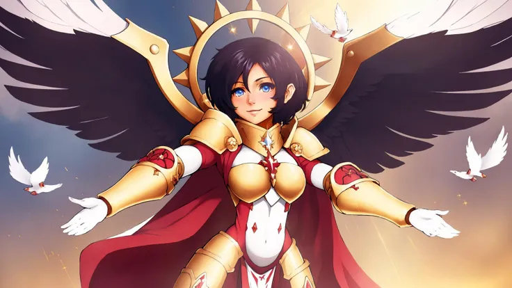 <lora:Saint Celestine MK1 by CARAXES:0.6> Saint Celestine, 1girl, black hair, short hair, white pupils, glowing eyes, golden power armor, red loincloth, iron halo, angle wings, motherly, light smile, dove, rose, sunbeam, from below, open arms, (incoming hug, looking at viewer:1.25), <lora:Sweet_CAT:0.5> <lora:Incoming hug kiss:0.8> incoming hug