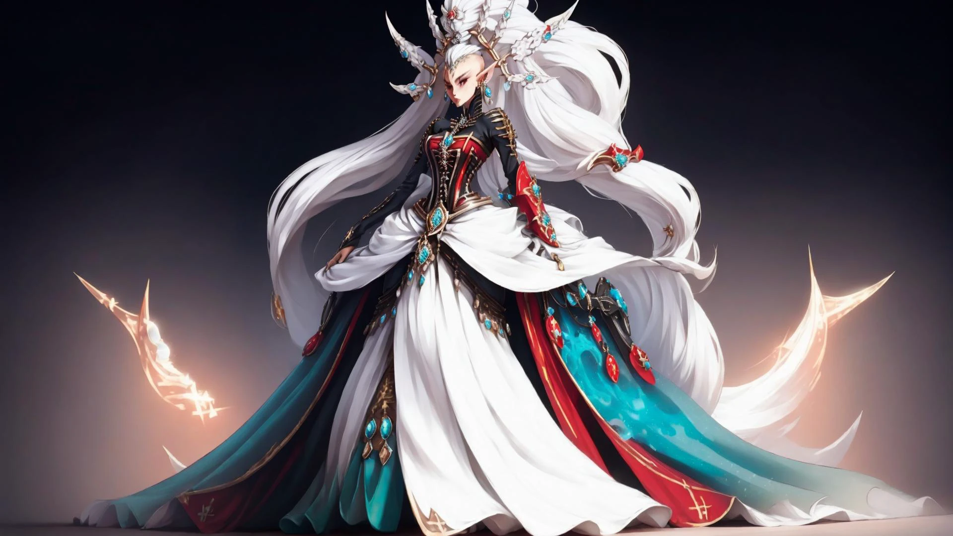 <lora:Yvraine MK1 by CARAXES:0.8> YVRAINE, 1girl, solo, solo focus, white hair, topknot, big hair ornament, pointy ears, eldari, sunbeam, from below, <lora:edgTotalFantasyv1:0.8> edgTF, wearing edgTF dress, corset, silk, jewelry,