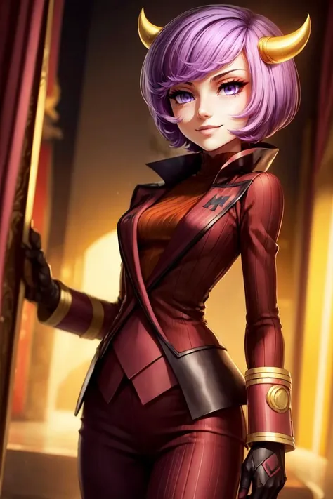 <lora:more_details:0.5>, ((masterpiece, best quality)), anime style, <lora:Courtney_Pokemon_v2:0.8>, courtney (pokemon),  purple hair, short hair, purple eyes,  red hood, fake horns, gloves, team magma uniform, solo, smile, looking at viewer, cowboy shot, ,