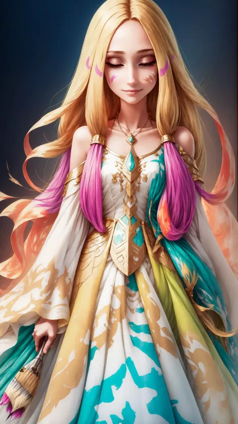 <lora:edgTotalFantasyv1:0.8> edgTF, wearing edgTF dress, silk, jewelry, sunbeam, from below, <lora:more_details:0.25> <lora:add_detail:0.25> (looking at viewer:1.15), light smile, <lora:Mina_Pokemon:0.8> mina (pokemon), 1girl, long hair, eyelashes, half-closed eyes, facepaint, collarbone, torn clothes, paintbrush, paint, ink