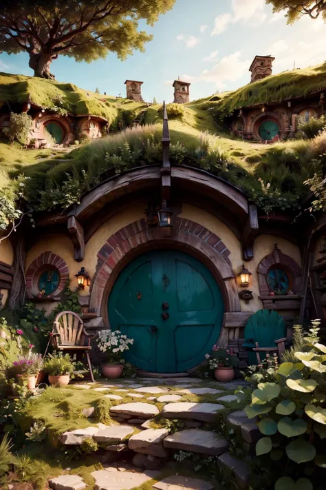 ((masterpiece, best quality)), <lora:Hobbit_Hole:0.8>, high resolution, highly detailed, Hobbit Hole, sky, day, tree, window, stairs, door, bush, house, path