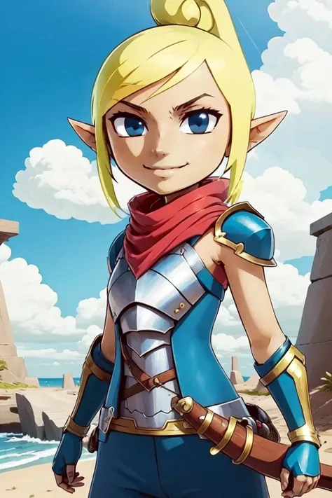 ((masterpiece, best quality)), anime style, <lora:Toon_Tetra_Zelda_v1:0.7>, toon tetra,  blue eyes, solo, smile, looking at viewer, cowboy shot,,  shiny metal, body armor, breastplate, fingerless gloves, shoulder armor, gauntlets