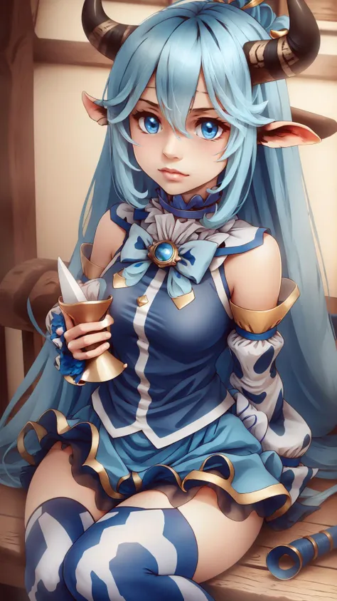 <lora:konosuba_aqua:0.8> ksaqua, hair rings, blue shirt, bow, detached sleeves, skirt, thighhighs, bare shoulders, <lora:BovineDNA:0.8> bovinedna, cowgirl, horns, cowbell, choker with a cowbell, cow tail, hooves,