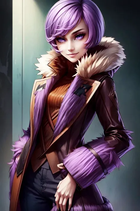 ((masterpiece, best quality)), anime style, <lora:more_details:0.5>, <lora:Courtney_Pokemon_v2:0.8>, courtney (pokemon),  purple hair, short hair, purple eyes, solo, smile, looking at viewer, cowboy shot,,  (fur coat:1.5), cowboy shot,