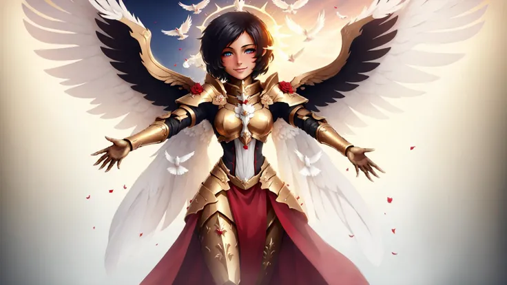 <lora:Saint Celestine MK1 by CARAXES:0.6> Saint Celestine, 1girl, black hair, short hair, white pupils, glowing eyes, golden power armor, red loincloth, iron halo, angle wings, motherly, light smile, dove, rose, sunbeam, from below, open arms, (incoming hug, looking at viewer:1.25), <lora:Incoming hug kiss:0.8> incoming hug, <lora:edgTotalFantasyv1:0.8> edgTF, wearing edgTF_dress,