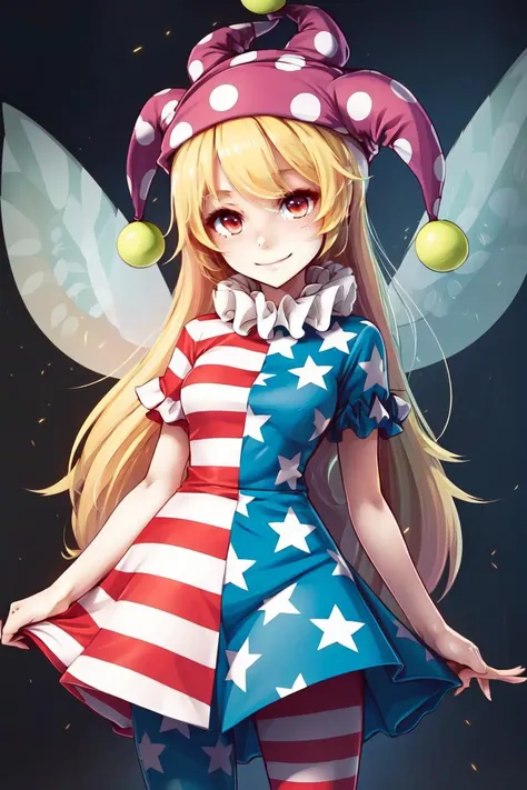 ((masterpiece,best quality)), anime style, <lora:more_details:0.5>, <lora:Clownpiece_Touhou:0.8>, Clownpiece_Touhou,  1girl, blonde hair, clownpiece, long hair, solo, hat, striped, jester cap, polka dot, american flag legwear, american flag dress, star print, pantyhose, fairy wings, wings,  solo, smiling, looking at viewer, cowboy shot,