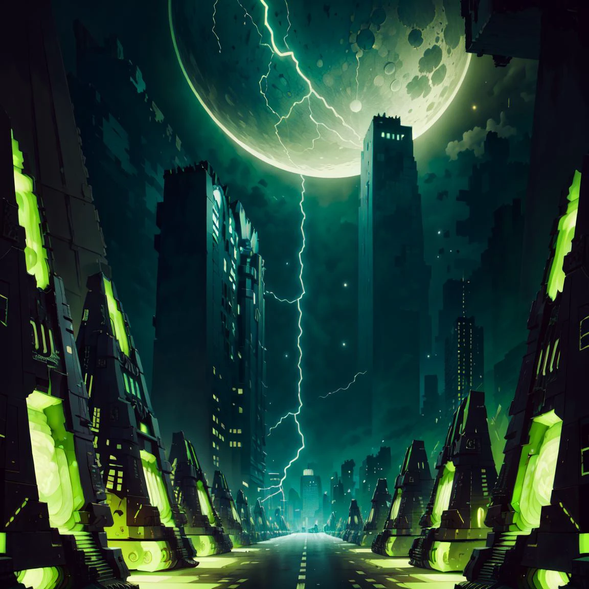 ((masterpiece,best quality)),
<lora:Necron_Architecture:0.7>,
Necron_Architecture, (city, buildings with windows :1.2),
electricity, green glow, green theme, green moon, starry sky, space,
