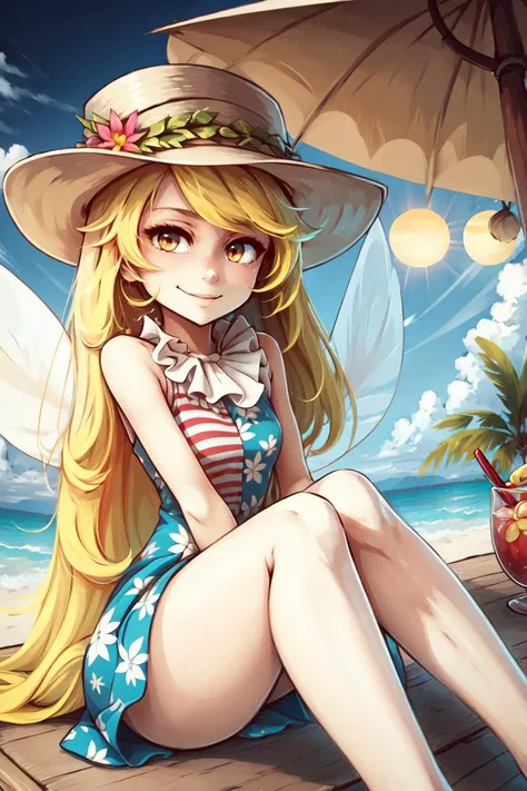 ((masterpiece, best quality)), anime style, <lora:more_details:0.5>, <lora:Clownpiece_Touhou:0.8>, Clownpiece_Touhou,  1girl, blonde hair, clownpiece, long hair, solo, hat, jester cap, fairy wings, wings,  solo, smiling, looking at viewer,, sitting at table, vivid detailed tropical drink, two straws, white sundress, sun hat, flowing winds, sunny, outdoors, upper body,