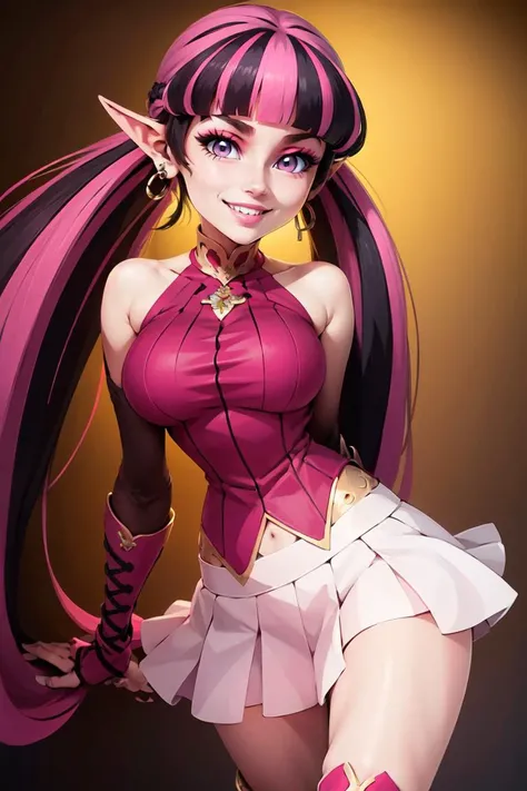((masterpiece,best quality)), anime style,
<lora:Draculaura_Anime:0.8>, Draculaura_MH, pink top, black hair, pink hair, multicolored hair, pointy ears, white skirt, pink knee boots, smiling, contrapposto, big breasts,
solo, smile, looking at viewer, cowboy shot,