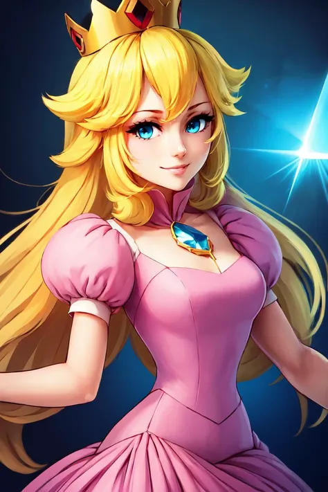 (masterpiece, best quality), anime style,   <lora:princesspeach-lora-nochekaiser:1>, princess peach, 1girl,  blonde hair, blue eyes, smile, long hair, crown, dress, gem, gloves, pink dress, puffy short sleeves, puffy sleeves, short sleeves, white gloves, solo, looking at viewer, smile, 
<lora:add_detail:0.5>, refraction,