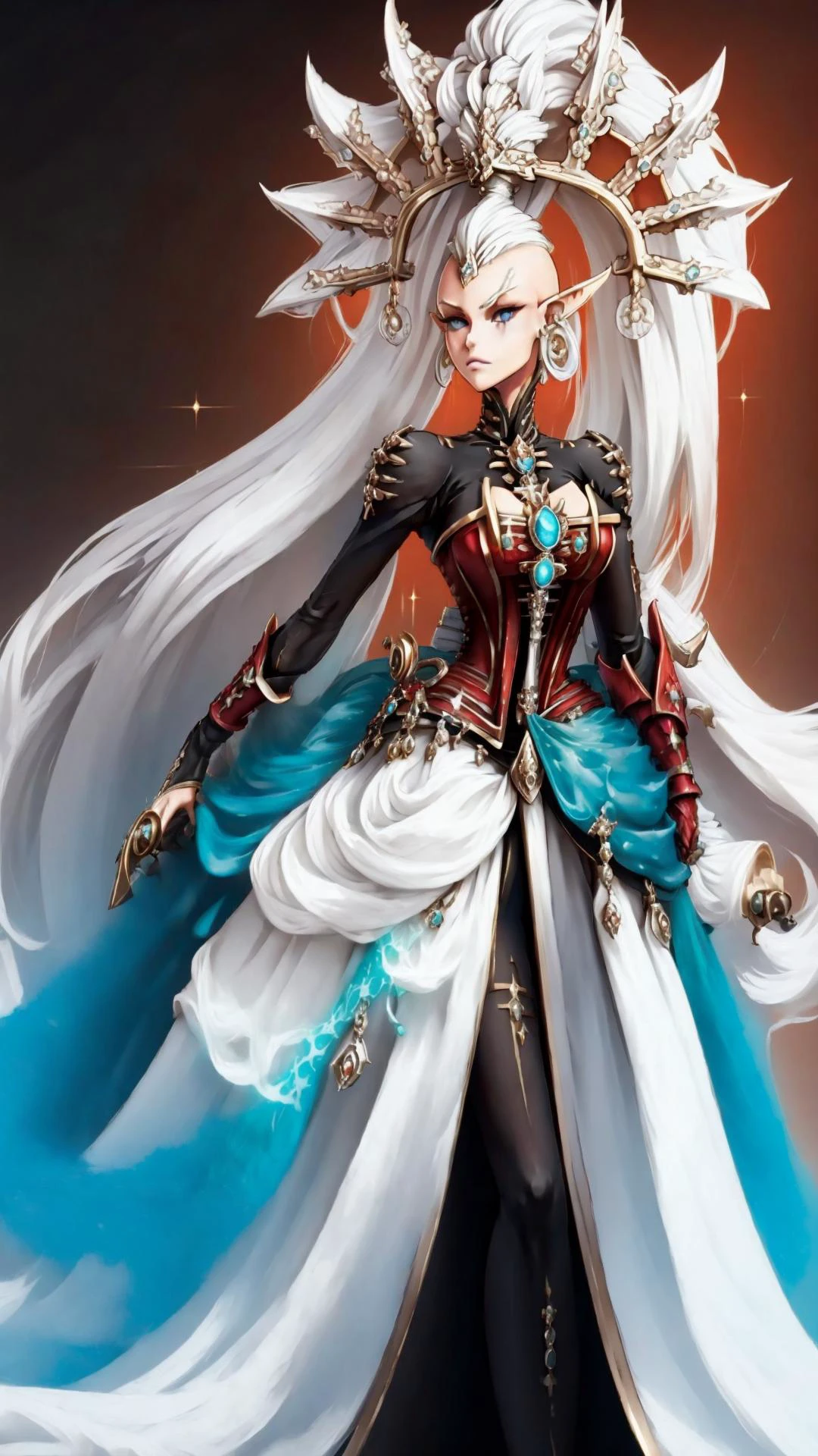 <lora:Yvraine MK1 by CARAXES:0.8> YVRAINE, 1girl, solo, solo focus, white hair, topknot, big hair ornament, pointy ears, eldari, sunbeam, from below, <lora:edgTotalFantasyv1:0.8> edgTF, wearing edgTF dress, corset, silk, jewelry,