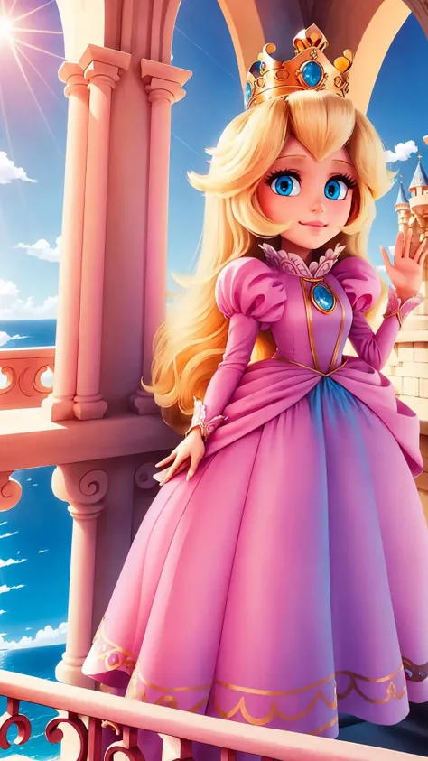 <lora:MPPeach:0.7> MPPeach, long hair, blonde hair, blue eyes, pink dress, crown, solo, smile, waving, balcony, castle, blue sky, sunbeam