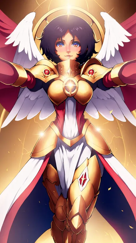 <lora:Saint Celestine MK1 by CARAXES:0.6> Saint Celestine, 1girl, black hair, short hair, white pupils, glowing eyes, golden power armor, red loincloth, iron halo, angle wings, motherly, light smile, dove, rose, sunbeam, from below, open arms, (incoming hug, looking at viewer:1.25), <lora:Sweet_CAT:0.8> <lora:Incoming hug kiss:0.8> incoming hug