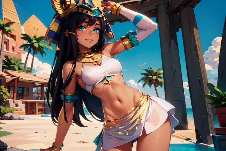 ((masterpiece,best quality)), absurdres, <lora:Ramesses_v1_Anime:0.8>, ramesses_ii, dark skin, solo, smiling, jewelry, gold,
hip to the side, white miniskirt, contrapposto, dynamic pose,
pyramid, pool, oasis, gold,
looking at viewer, cowboy shot,
pyramid, Egypt but its a tropical paradise,
<lora:Delfino_Plaza:0.5>, Delfino_Plaza, small house, detailed wooden door, beach ball, palm tree, ocean in background, tropical beach,