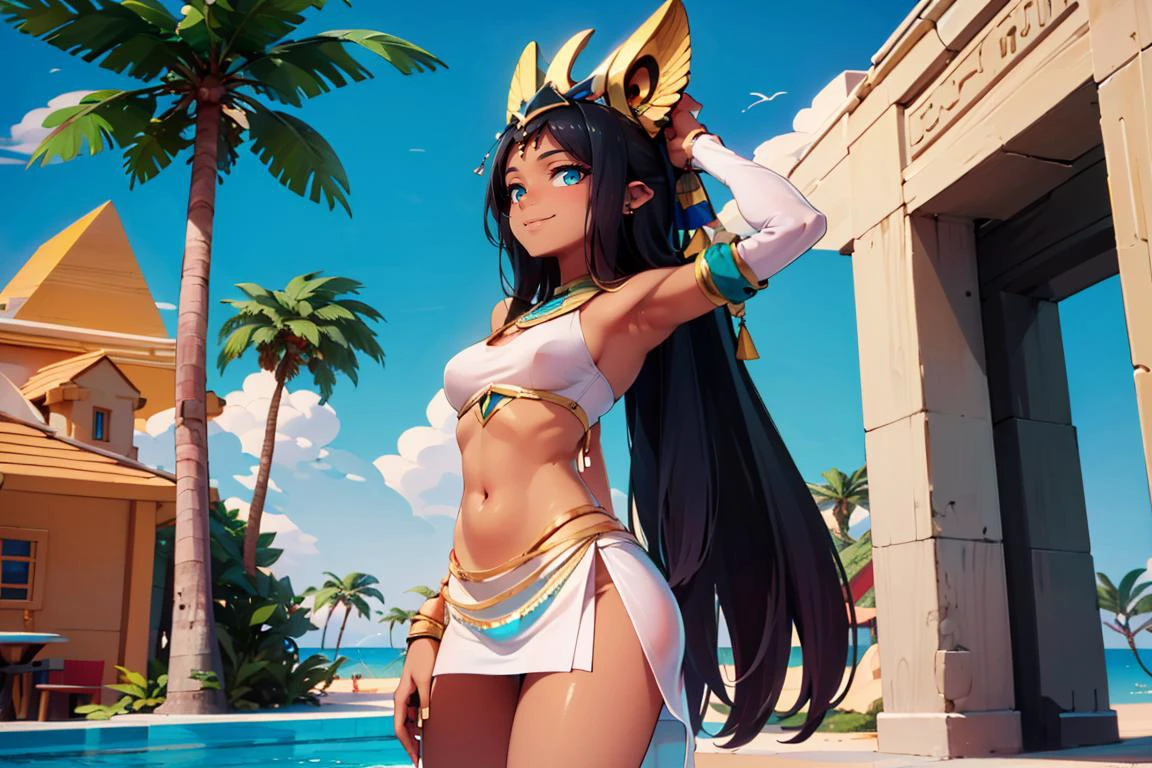 ((masterpiece,best quality)), absurdres, <lora:Ramesses_v1_Anime:0.8>, ramesses_ii, dark skin, solo, smiling, jewelry, gold,
hip to the side, white miniskirt, contrapposto, dynamic pose,
pyramid, pool, oasis, gold,
looking at viewer, cowboy shot,
pyramid, Egypt but its a tropical paradise,
<lora:Delfino_Plaza:0.5>, Delfino_Plaza, small house, detailed wooden door, beach ball, palm tree, ocean in background, tropical beach,