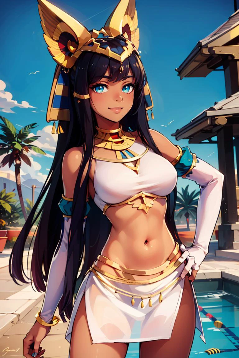 ((masterpiece,best quality)), absurdres, <lora:Ramesses_v1_Anime:0.8>, ramesses_ii, dark skin, solo, smiling, jewelry, gold,
hip to the side, white miniskirt, contrapposto, hip to the side, hand on hip, dynamic pose,
pyramid, pool, oasis, gold theme,
looking at viewer, cowboy shot,